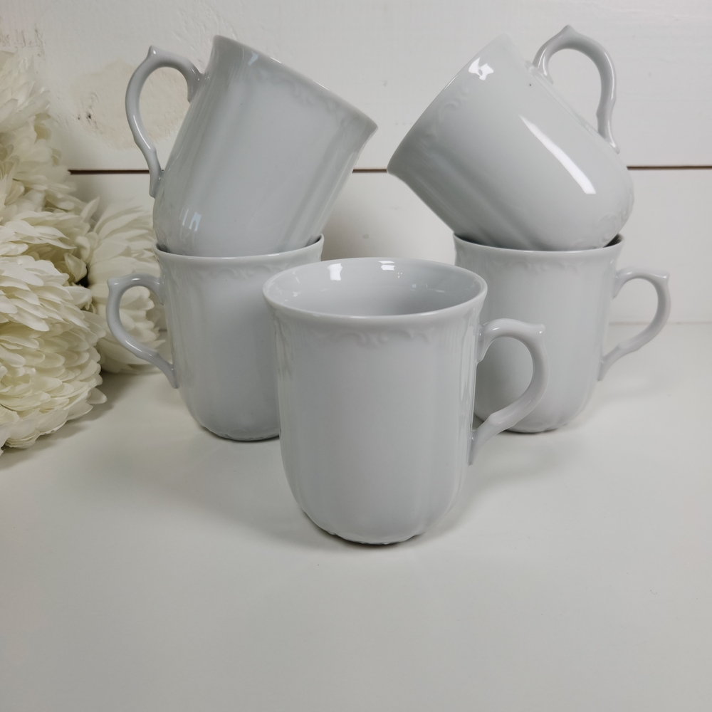 Vintage Set of 5 Ornate White Porcelain Coffee Mugs 12 oz , Epiag Czech Republic